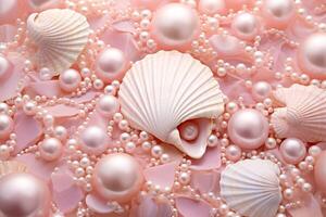 ai gerado Rosa pérolas e conchas do mar fundo, Rosa pérolas e conchas do mar papel de parede, Rosa pérolas fundo, luz Rosa conchas do mar papel de parede, ai generativo foto