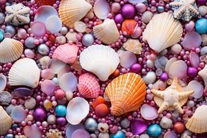 ai gerado colorida pérolas e conchas do mar fundo, pérolas e conchas do mar papel de parede, pérolas fundo, conchas do mar papel de parede, ai generativo foto