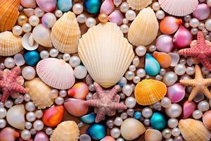 ai gerado colorida pérolas e conchas do mar fundo, pérolas e conchas do mar papel de parede, pérolas fundo, conchas do mar papel de parede, ai generativo foto