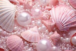 ai gerado Rosa pérolas e conchas do mar fundo, Rosa pérolas e conchas do mar papel de parede, Rosa pérolas fundo, luz Rosa conchas do mar papel de parede, ai generativo foto