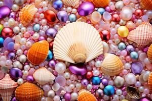 ai gerado colorida pérolas e conchas do mar fundo, pérolas e conchas do mar papel de parede, pérolas fundo, conchas do mar papel de parede, ai generativo foto