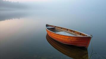 ai gerado sereno lago cena com solitário de madeira barco dentro névoa foto