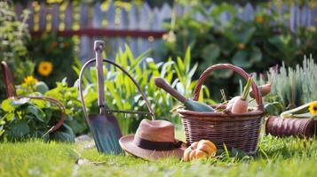 ai gerado ensolarado dia dentro uma sereno jardim com uma cesta e Ferramentas foto