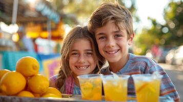 ai gerado feliz crianças vendendo caseiro limonada às uma ficar de pé foto