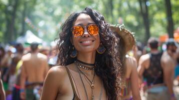 ai gerado boêmio mulher desfrutando verão música festival foto