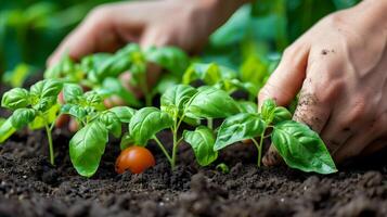 ai gerado mãos colheita acima plantar a partir de terra foto