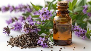 ai gerado valeriana óleo vidro garrafa em uma de madeira mesa foto