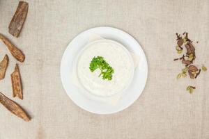 avião raita ou iogurte molho picante servido dentro uma prato isolado em mesa topo Visão do indiano especiarias Comida foto