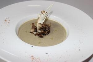 cogumelo sopa servido dentro prato isolado em mesa topo Visão do árabe Comida foto