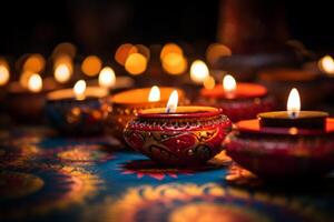 ai gerado mesa com uma grupo do aceso velas iluminador a sala. generativo ai foto