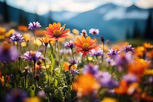 ai gerado uma fechar-se do colorida flores silvestres dentro uma montanha Prado. generativo ai foto