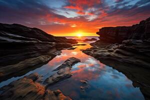 ai gerado a reflexão do nascer do sol dentro uma maré piscina. generativo ai foto