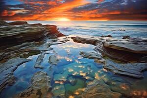 ai gerado reflexões do nascer do sol dentro maré piscinas. generativo ai foto