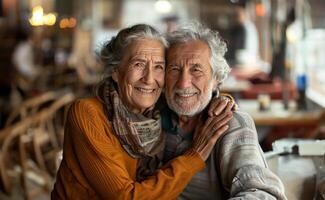 ai gerado alegre idosos casal, alegremente sorridente foto