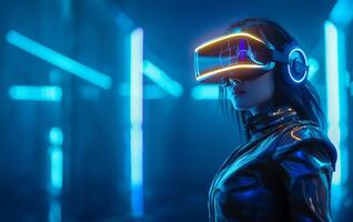 ai gerado futurista mulher com vr, néon azul foto