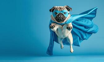 ai gerado Super heroi pug dentro azul vôo foto