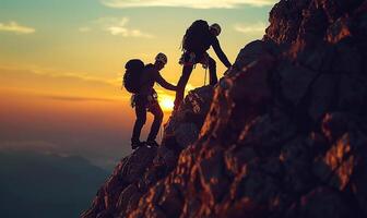 ai gerado ajudando mão, montanha escalada silhueta duo foto