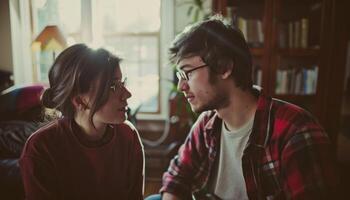 ai gerado jovem casal partilha a íntimo momento às casa foto