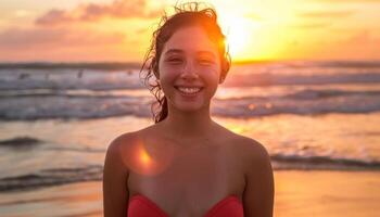 ai gerado radiante sorrir às pôr do sol de praia foto