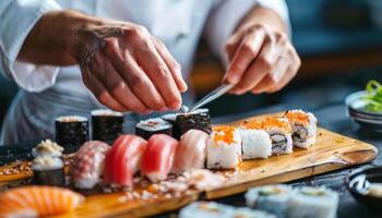 ai gerado mestre chefe de cozinha preparando Sushi prato foto