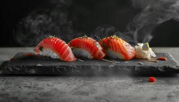 ai gerado elegante Sushi arranjo com fumaça efeito foto