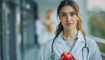 ai gerado confiante fêmea médico segurando a maçã foto