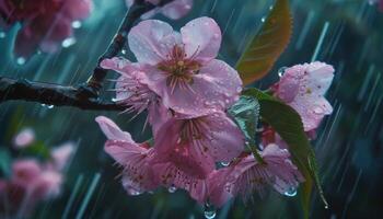 ai gerado macro tiro do pingos de chuva em Rosa cereja Flor flores com uma borrado fundo foto