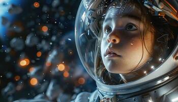 ai gerado jovem astronauta dentro espaço capacete olhando com temor foto