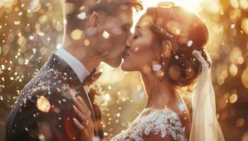 ai gerado romântico Casamento beijo às pôr do sol foto