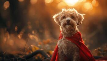 ai gerado majestoso cachorro dentro pôr do sol luz vestindo vermelho capa foto