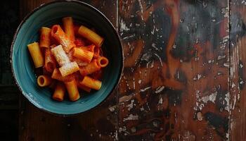 ai gerado rústico rigatoni massa dentro tomate molho foto