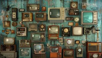 ai gerado retro televisão parede exibição - vintage eletrônico coleção foto