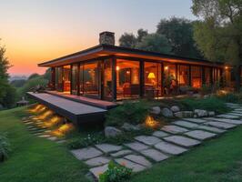 ai gerado uma meio século moderno rancho casa conjunto em extenso acres do rolando colinas e prados foto