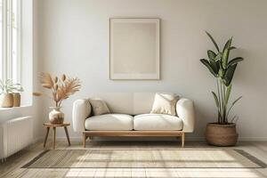 ai gerado uma minimalista vivo quarto apresentando uma simples poltrona sofá foto