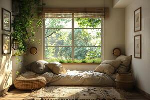 ai gerado uma inspirado na natureza quarto com uma acolhedor janela assento foto