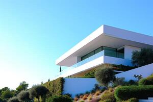 ai gerado uma panorâmico Visão do a moderno branco casa conjunto contra uma Claro azul céu foto