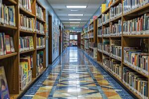 ai gerado uma escola corredor enfeitado Fora para uma literário festival foto