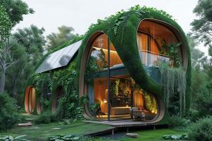 ai gerado uma biofílico casa ecológica cercado de exuberante verde espaços foto