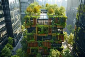 ai gerado uma verde urbano escritório construção com resiliente e adaptável Projeto características foto