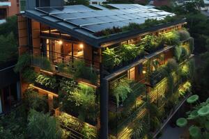 ai gerado urbano ecológico refúgio apresentando solar painéis foto