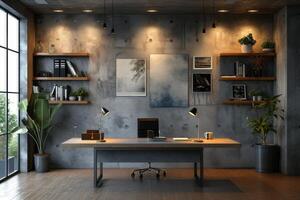 ai gerado uma minimalista moderno escritório com uma flutuando escrivaninha montado em uma concreto característica parede foto