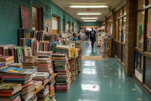 ai gerado uma escola corredor transformado para dentro uma literário mostruário durante uma livro justo foto