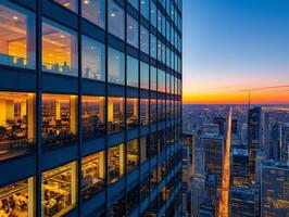 ai gerado tarde luzes iluminador uma moderno escritório torre contra a pano de fundo do a cidade Horizonte foto