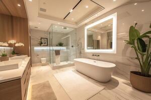 ai gerado elegante banheiro retiro, completo com luxuoso luminárias, mármore superfícies foto