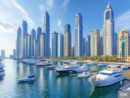 ai gerado uma grupo do moderno escritório edifícios Aumentar ao longo a beira-mar do dubai marina foto