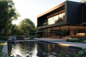 ai gerado uma moderno casa com piscina contra uma pano de fundo do suave Preto foto