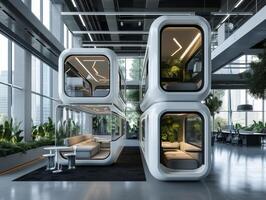 ai gerado uma futurista escritório torre apresentando modular pod espaços de trabalho foto