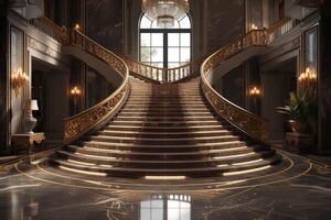 ai gerado uma contemporâneo luxo villa interior exibindo uma grande Escadaria com varrendo curvas foto