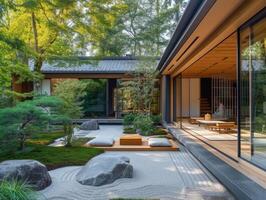 ai gerado uma moderno casa projetado com japonês influências foto