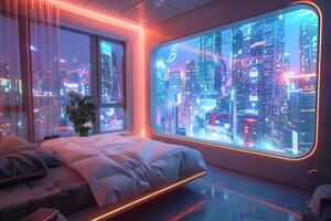 ai gerado uma futurista quarto com holográfico projeção paredes foto